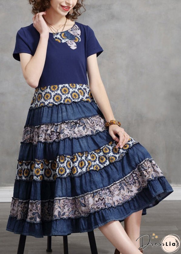 Women Blue O-Neck Patchwork Cotton Vacation Pleated Dresses Short Sleeve