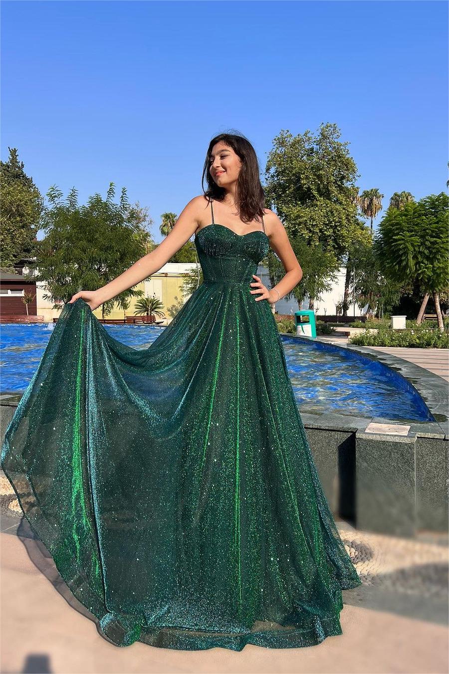 Stunning Dark Green Spaghetti Strap Sequins Sleeveless Mermaid Prom Dress | MS0034   