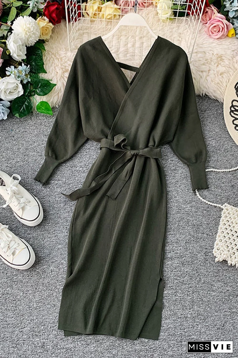 Surplice Wrap Side Slit Sweater Dress