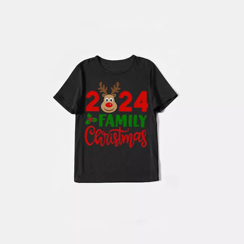 "2024 Family Christmas" Moose Letter Prints Black Short Sleeve with Red & Black Plaid Pant Family Matching Pajamas