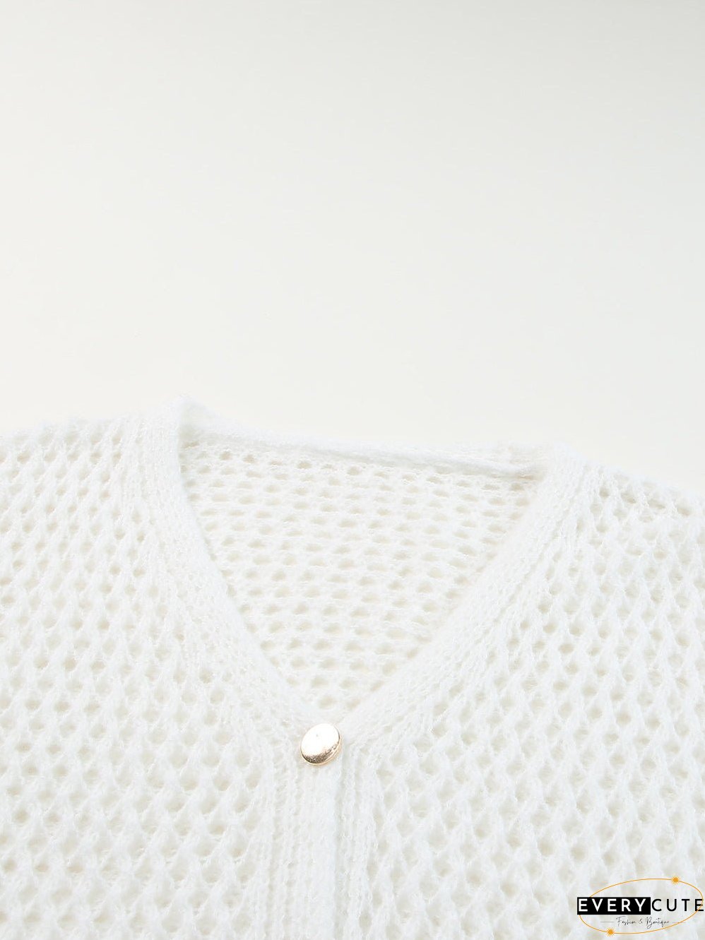 White Crochet Knit V-Neck Button-Up Cardigan