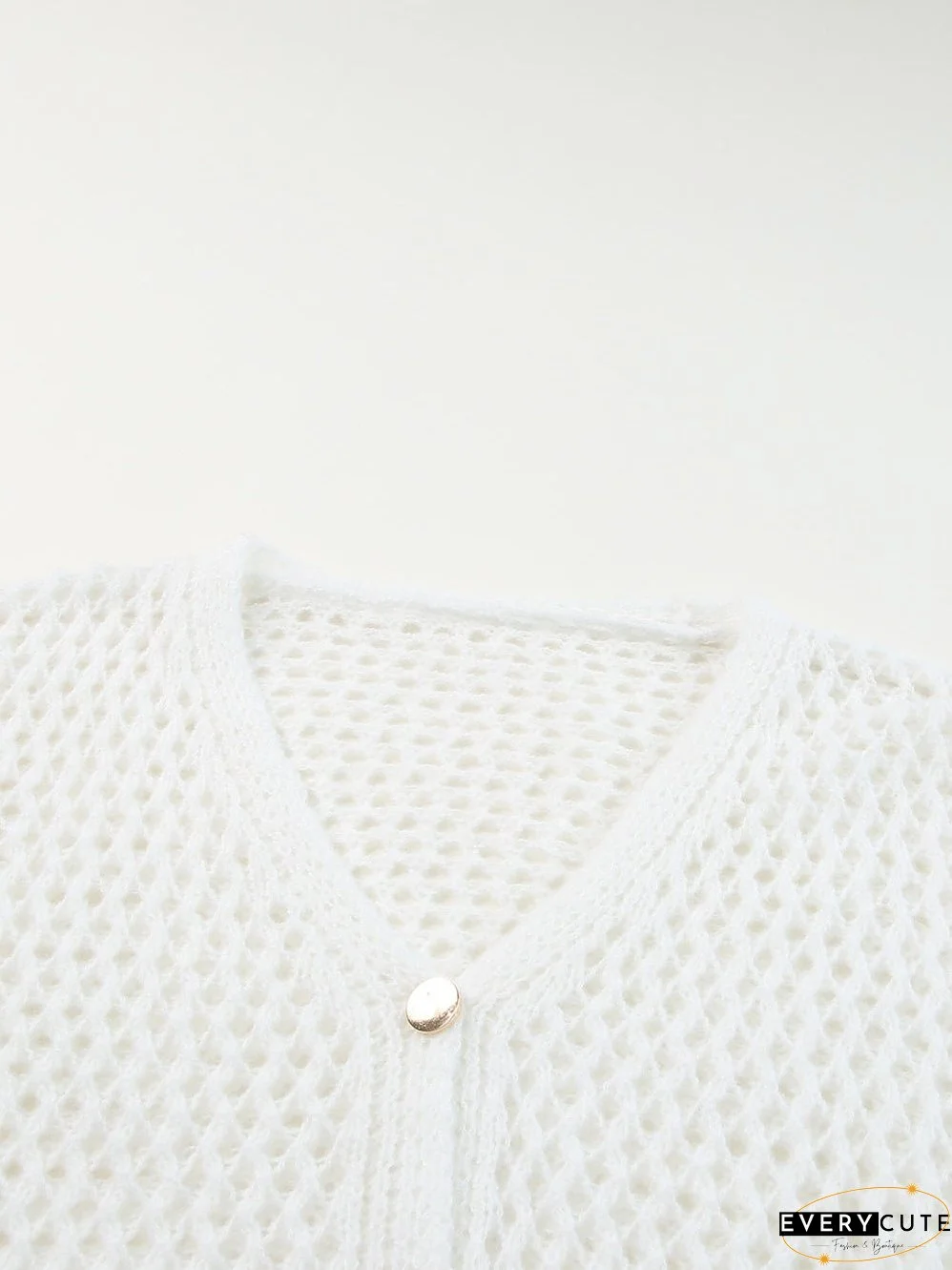 White Crochet Knit V-Neck Button-Up Cardigan