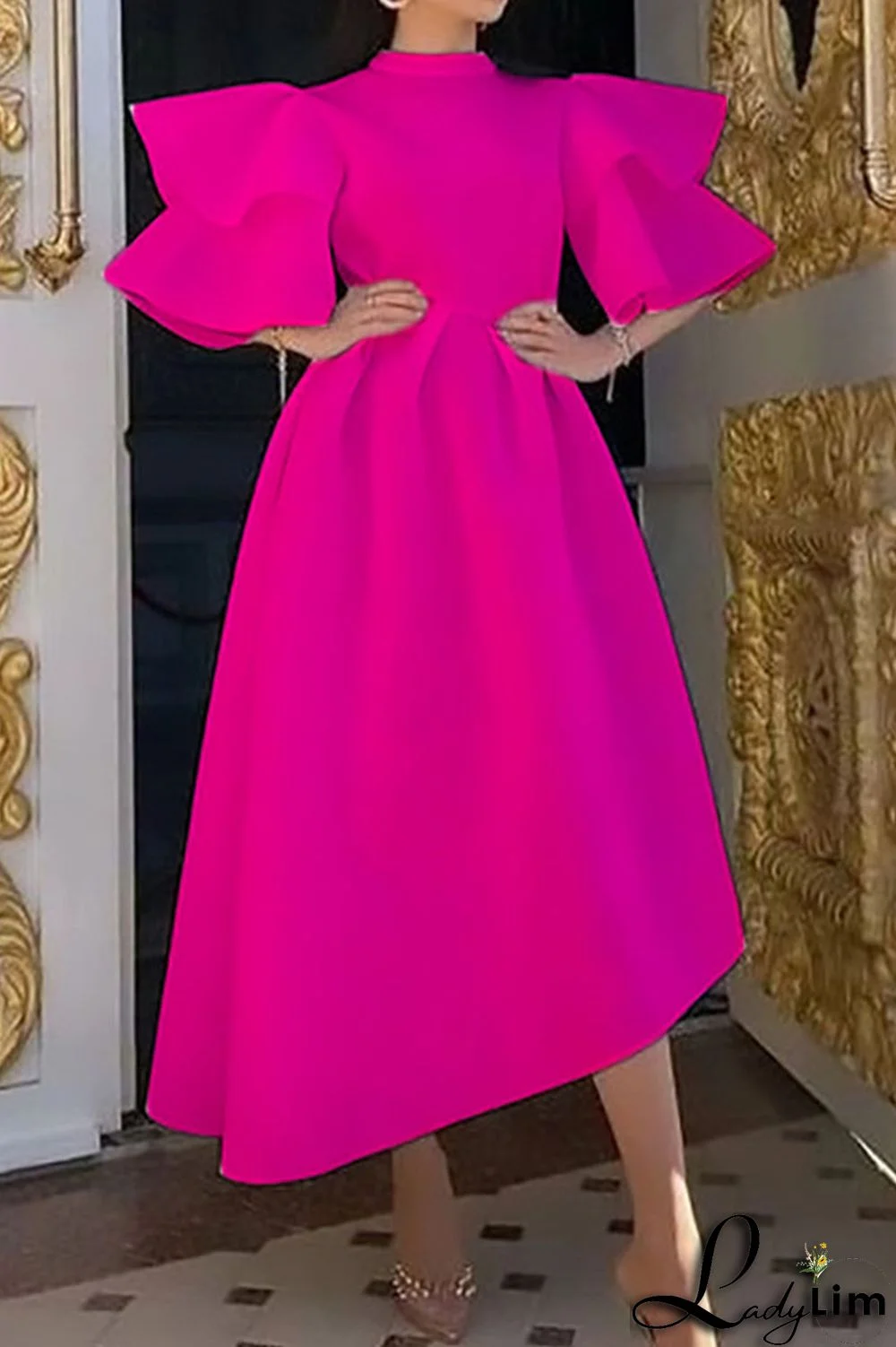 White Casual Elegant Solid Patchwork Flounce Half A Turtleneck Evening Dress Dresses