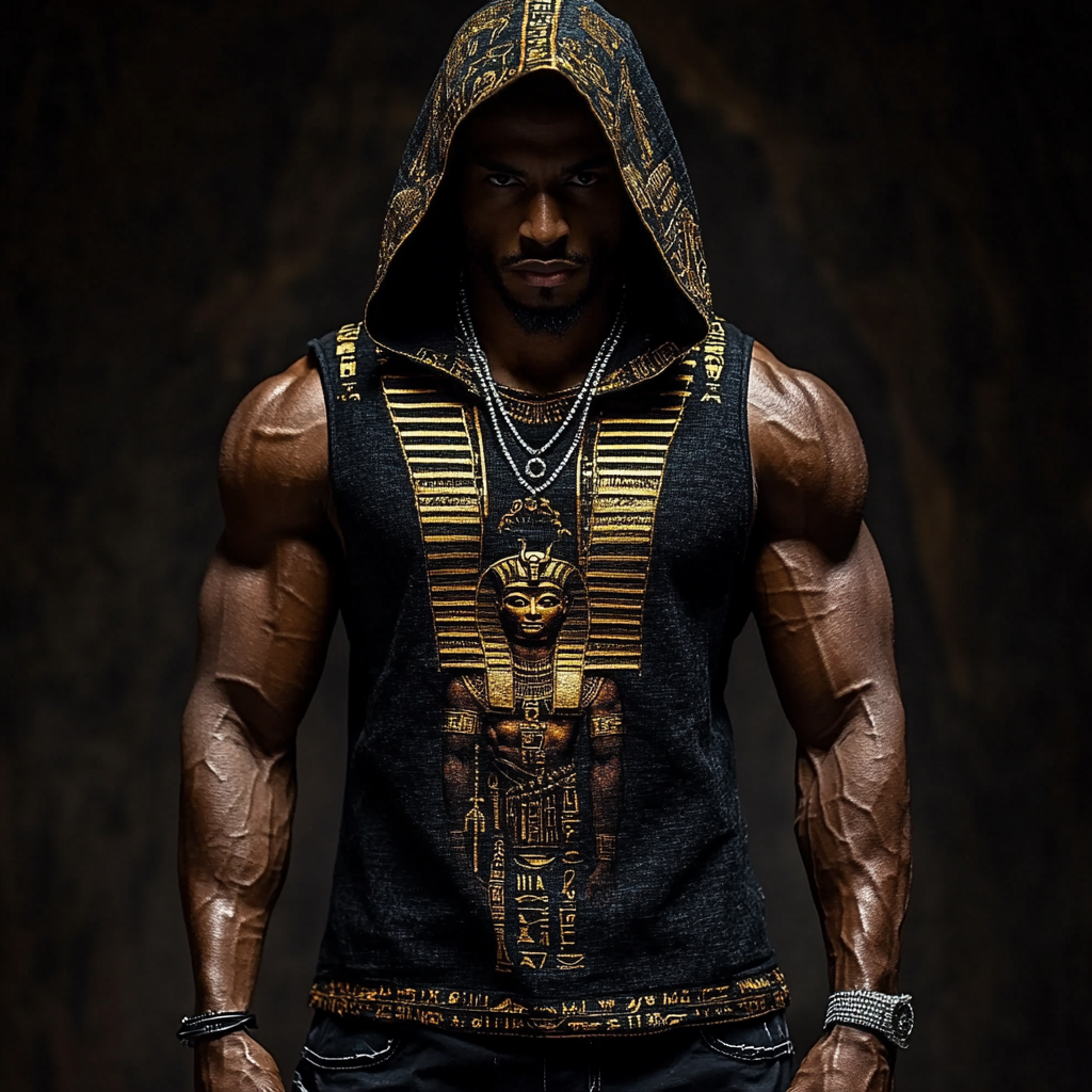 Comstylish Men's Ancient Egypt Pattern Linen Blend Hooded Tank Top