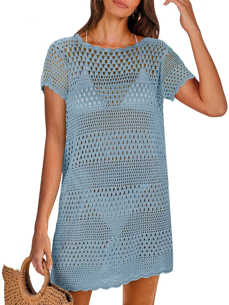 Womens Swimsuit Cover Ups Summer Crochet Hollow Out Knit Bathing Suit Short Sleeve Pullover Beach Dresses