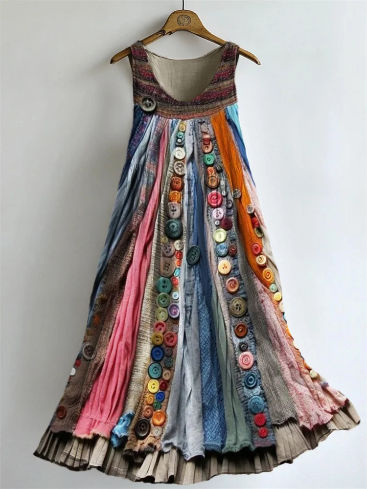 Boho Colorful Textile Flowy Linen Blend Tank Dress