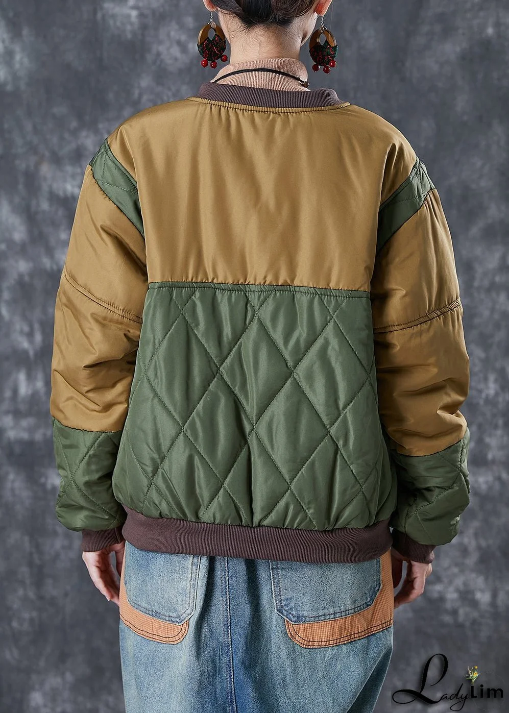 Art Army Green Zip Up Patchwork Fine Cotton Filled Parkas Winter