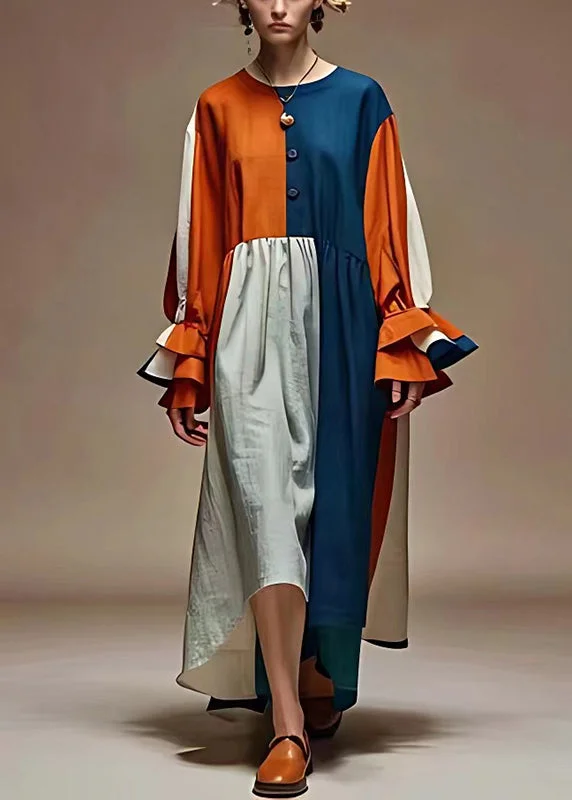 Pre sale - shipping in 30 days/Bohemian Colorblock Oversized Patchwork Linen Dress Flare Sleeve