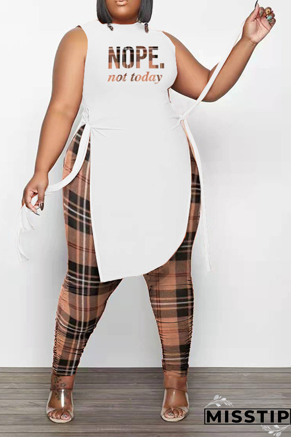 Brown Casual Print Slit O Neck Plus Size Two Pieces