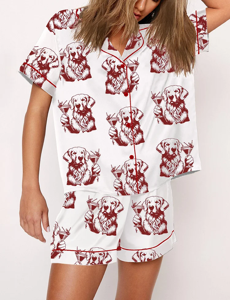 Women's Golden Retriever Espresso Martini Short Sleeve Satin Pajama Set