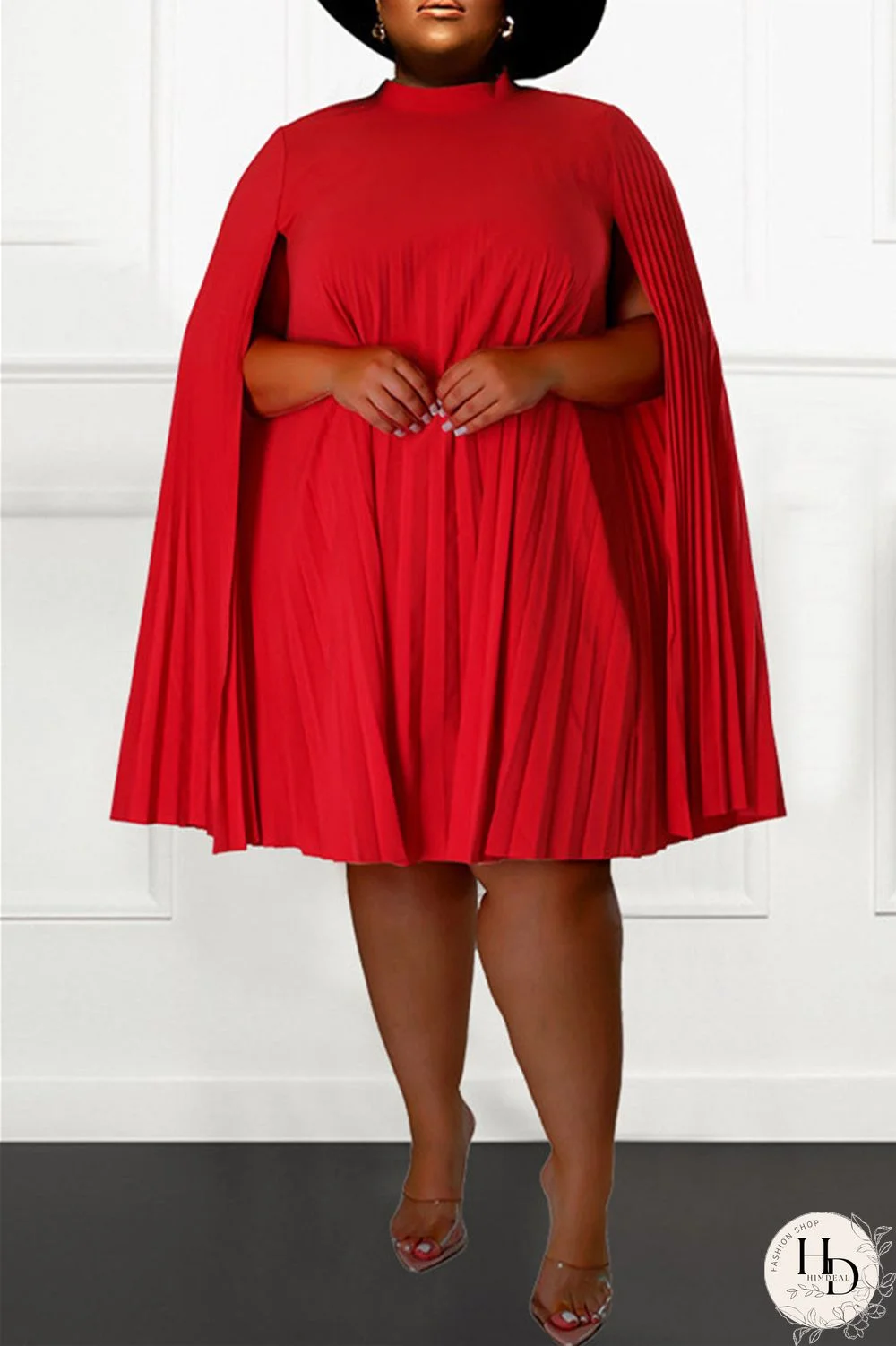 Red Casual Solid Patchwork Fold Half A Turtleneck Plus Size Dresses