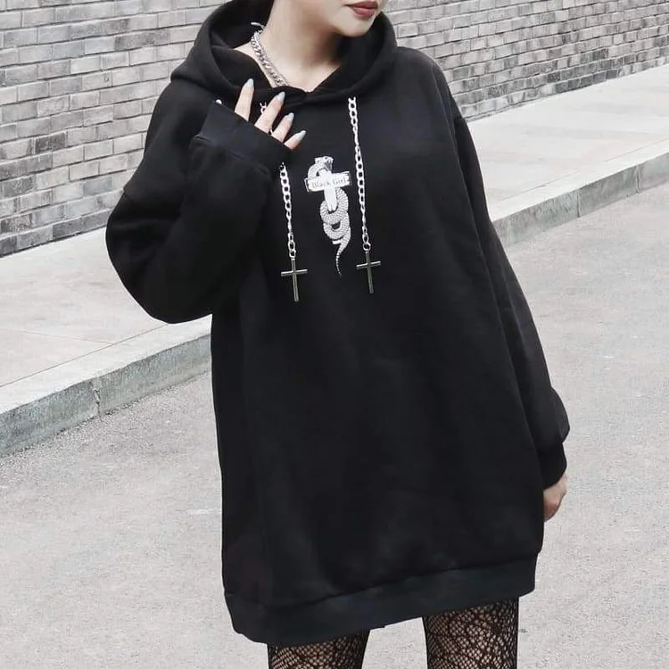 Dark Punk Fashion Cross Chains Snake Black Sweatershirt SP457