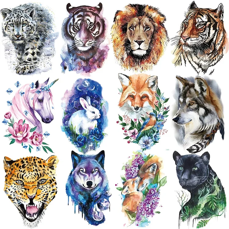 12 Sheets 21x15cm Watercolor Animal Temporary Tattoos