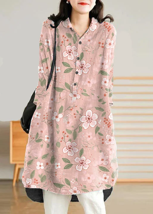 Jade Pink-flower Linen Women Casual Linen Shirt Dress