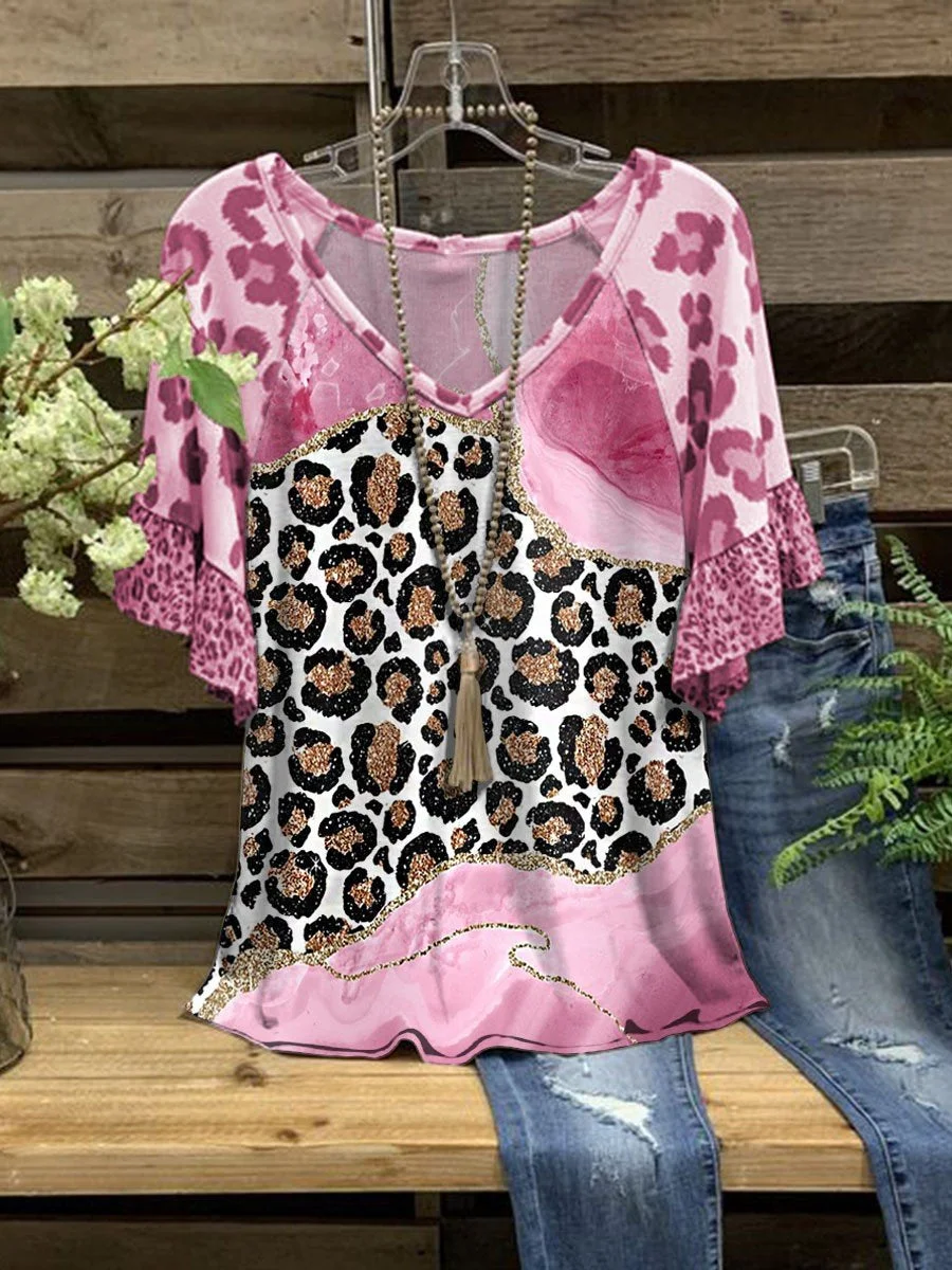Women's Vintage Leopard Abstract Patchwork Print Resort Casual Top