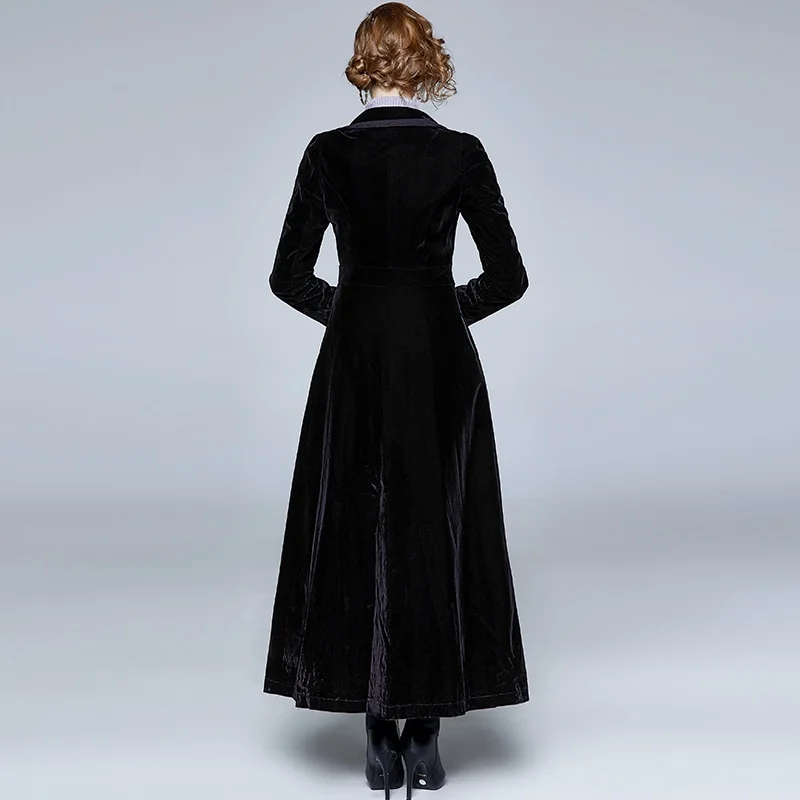 Uveng Winter Runway Designer Women Vintage Notched Collar Wrap Black Velvet Maxi Coat Thick Warm Long Trench Coat Outwear