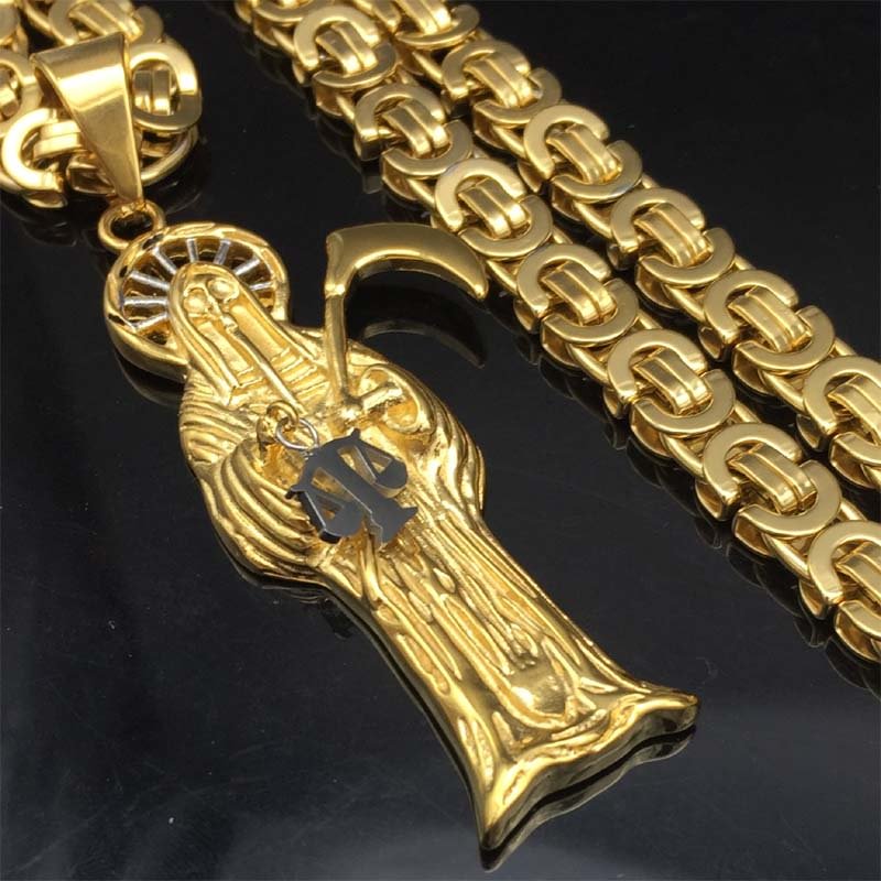 Gold Holy Saint Santa Muerte  Pendant with 8MM Byzantine Chain Necklace-VESSFUL