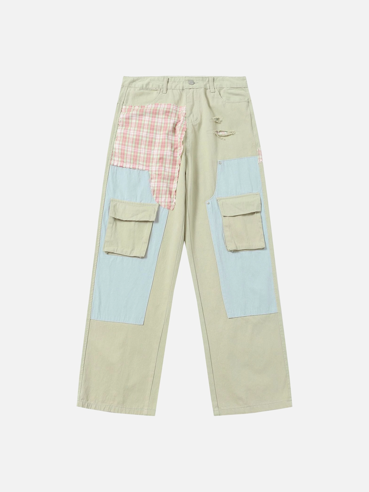 Khaki Act Chic Irregular Plaid Patchwork Cargo Pants Front