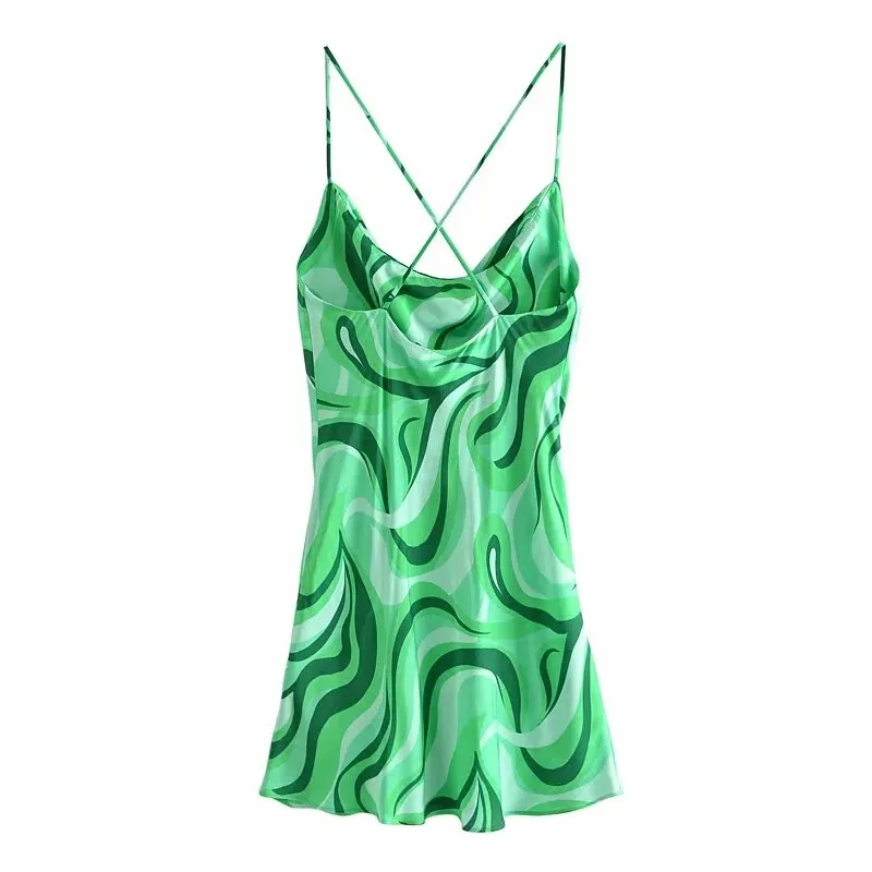 SLMD Vintage Chic Green Print Cross Strap Mini Dress Women 2021 Fashion Sexy Backless Draped Party Dresses Female Vestidos