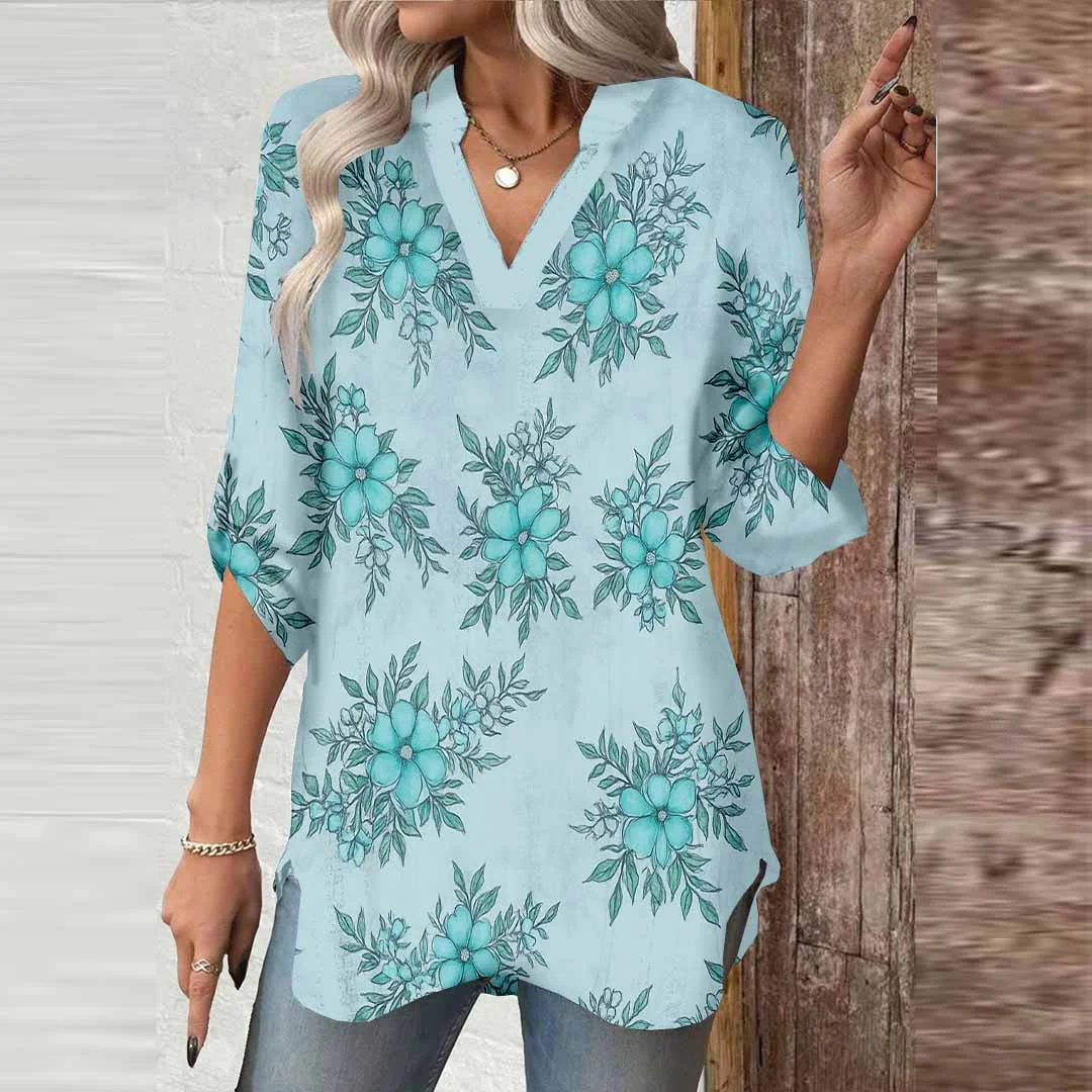 Women Floral, Green DZGA0502 3/4 Sleeve V-neck Printed Graphic Button Tops