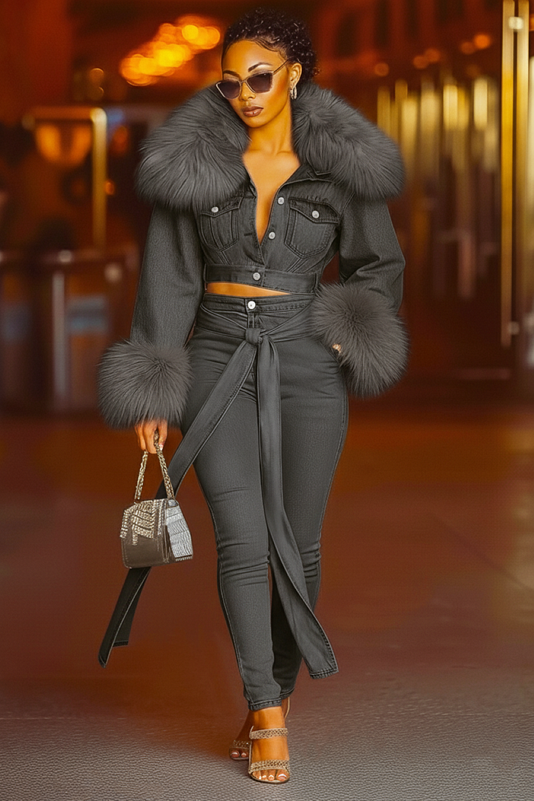 Denim Panel Fuzzy Crop Jacket Sash Leggings Pants 2pcs Set-Blue [Pre Order]