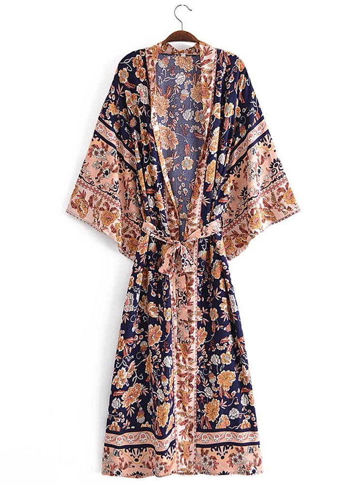 Bohemia Black Floral Printed Half Sleeve Long Gown Kimono With Robe