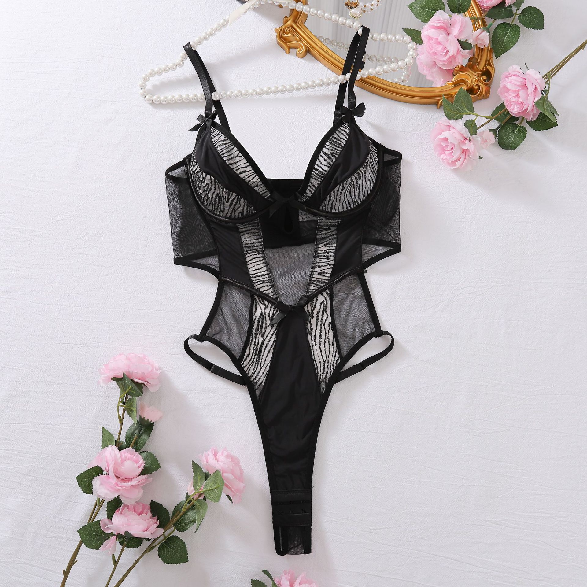 Lovingerie - Mesh Patchwork Sexy Bodysuit Zebra Print Body Shaping Hollow-out Erotic Bodysuit