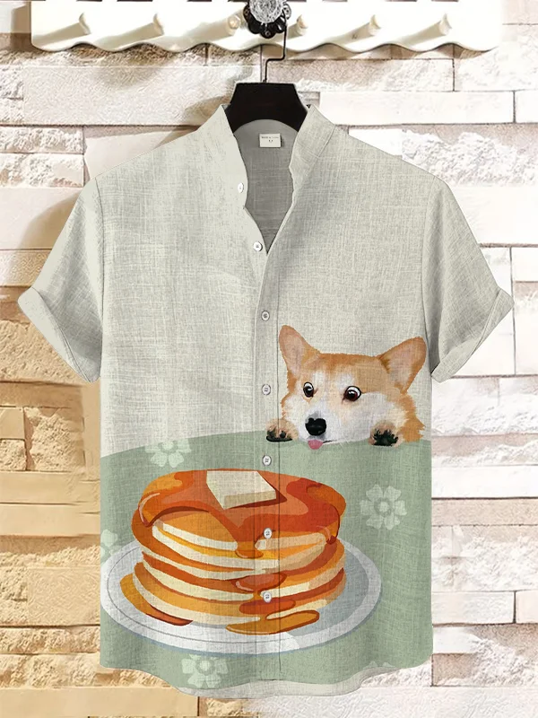 Men's Corgi Pancakes Art Print Linen Blend Shirt