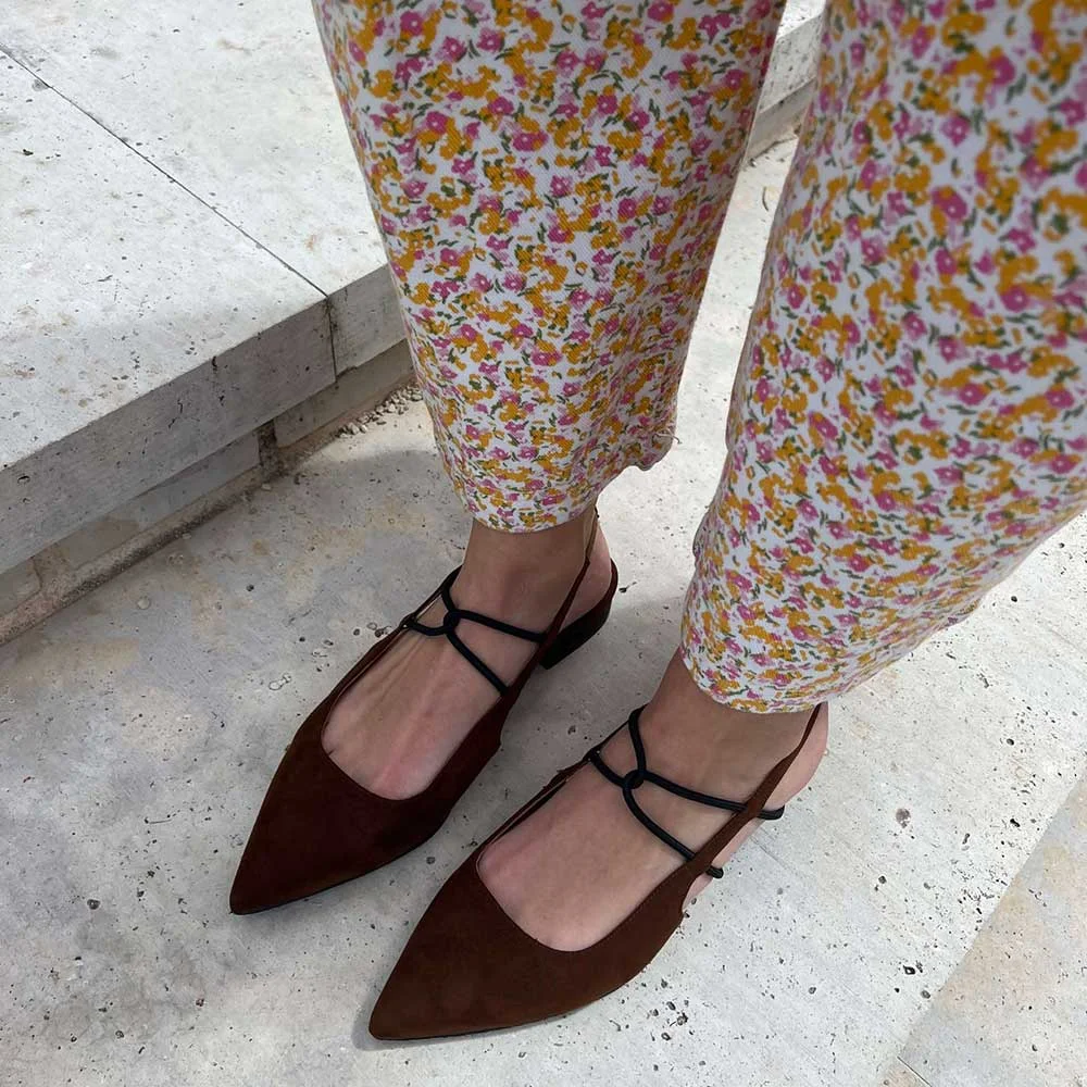 Brown Pointed Toe Chunky Heel Slingback Pumps with Elastic Rope