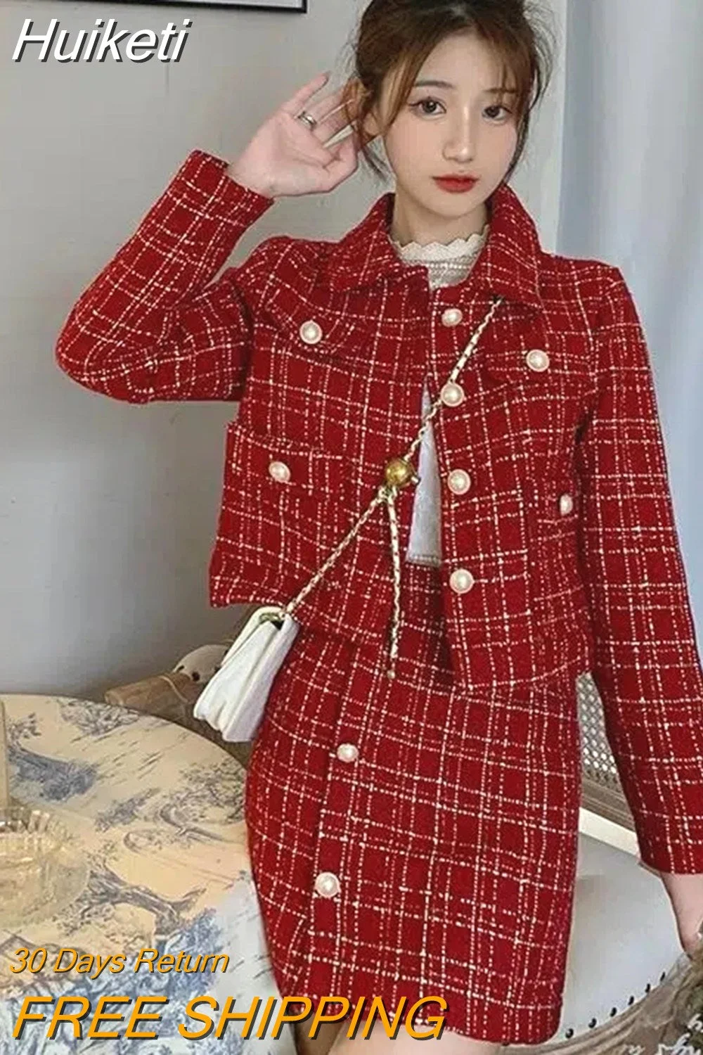 Huiketi Women 2023 Spring Autumn Red 2 Piece Set Female Short Tweed Jacket Coat Mini Women's Suit Lady Chic Two Piece Classic Outfits