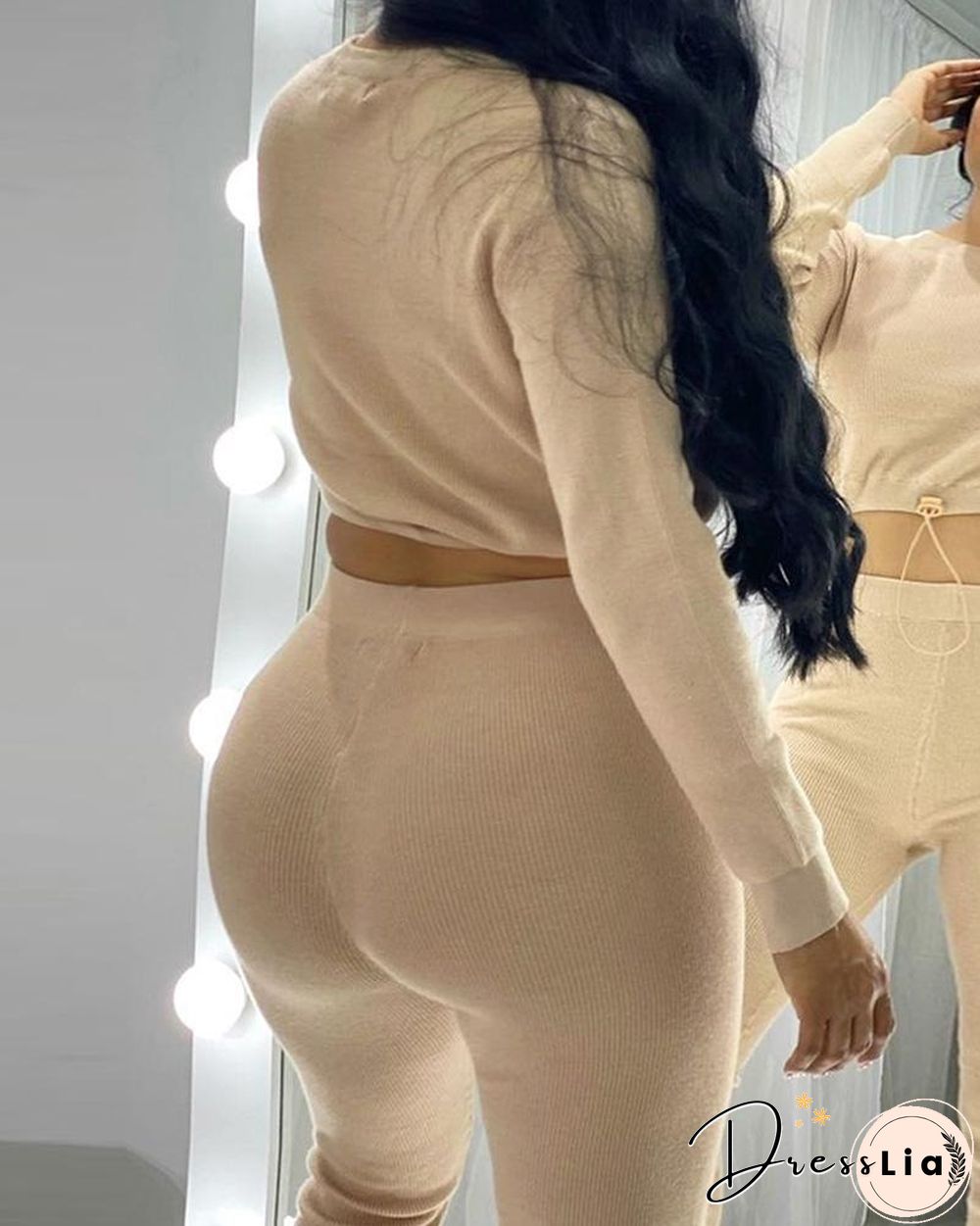 Plain Drawstring Long Sleeve Crop Top & High Waist Pants Set