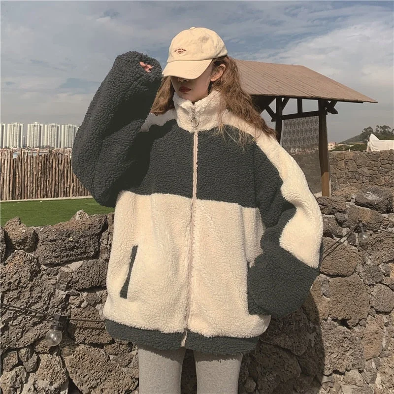 Elegant Faux Fur Coat Women Autumn Winter Warm Soft Zipper Fur patchwork Jacket Female Plush Overcoat Pocket Casual Outwear