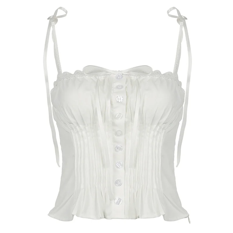 Ueong Pure Spice Girl Lace Splicing Waist Shows Thin Sling Straps Buckle Vest Row Buckle Pleated Woven Blouse Girl