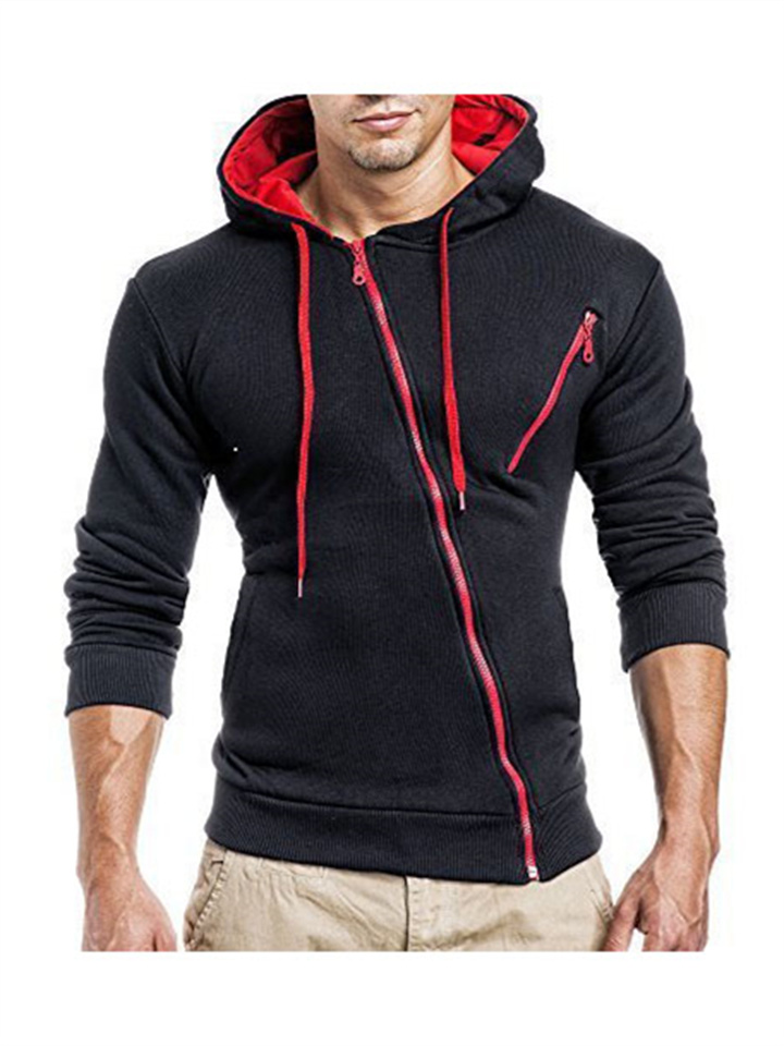 Colorblocking Loose Long-sleeved Padded Men's Sweater Featured Oblique Zipper Men's Casual Slim Hooded Cardigan Sweater