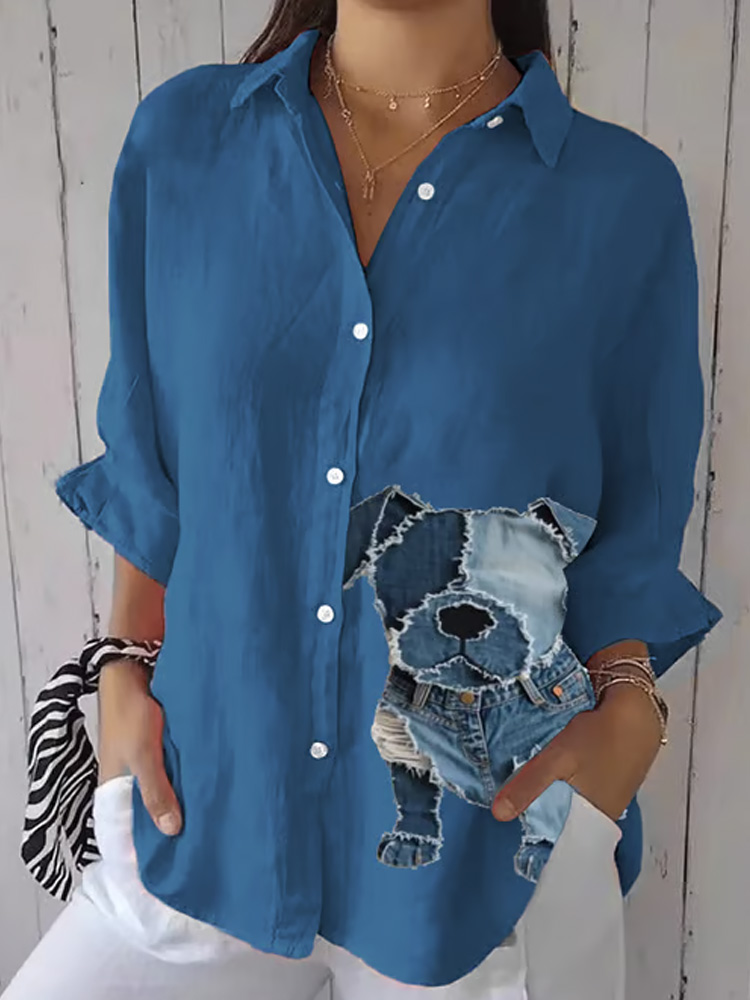 Women's Retro Funny Denim Patch Animal Dog Print Casual Shirt wearshes