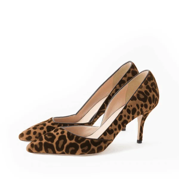 Leopard Print Heels Pointy Toe Stilettos Vegan Suede D'orsay Pumps |FSJ Shoes