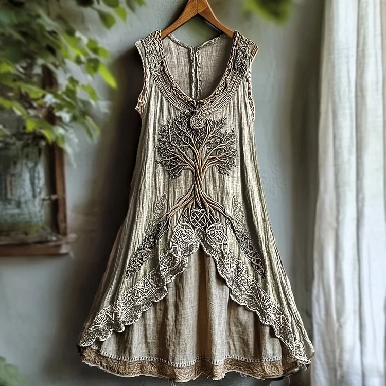 VChics Tribal Viking Life Of Tree Celtic Knot Lace Art Linen Tank Dress