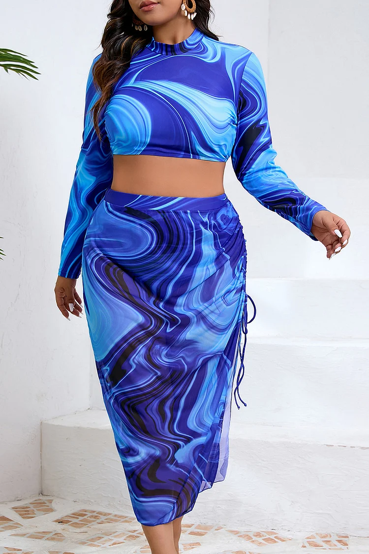 Plus Size Vacation Peacock Green Tie-Dye Long Sleeve Slit Bikini Sets 2024 - Xpluswear
