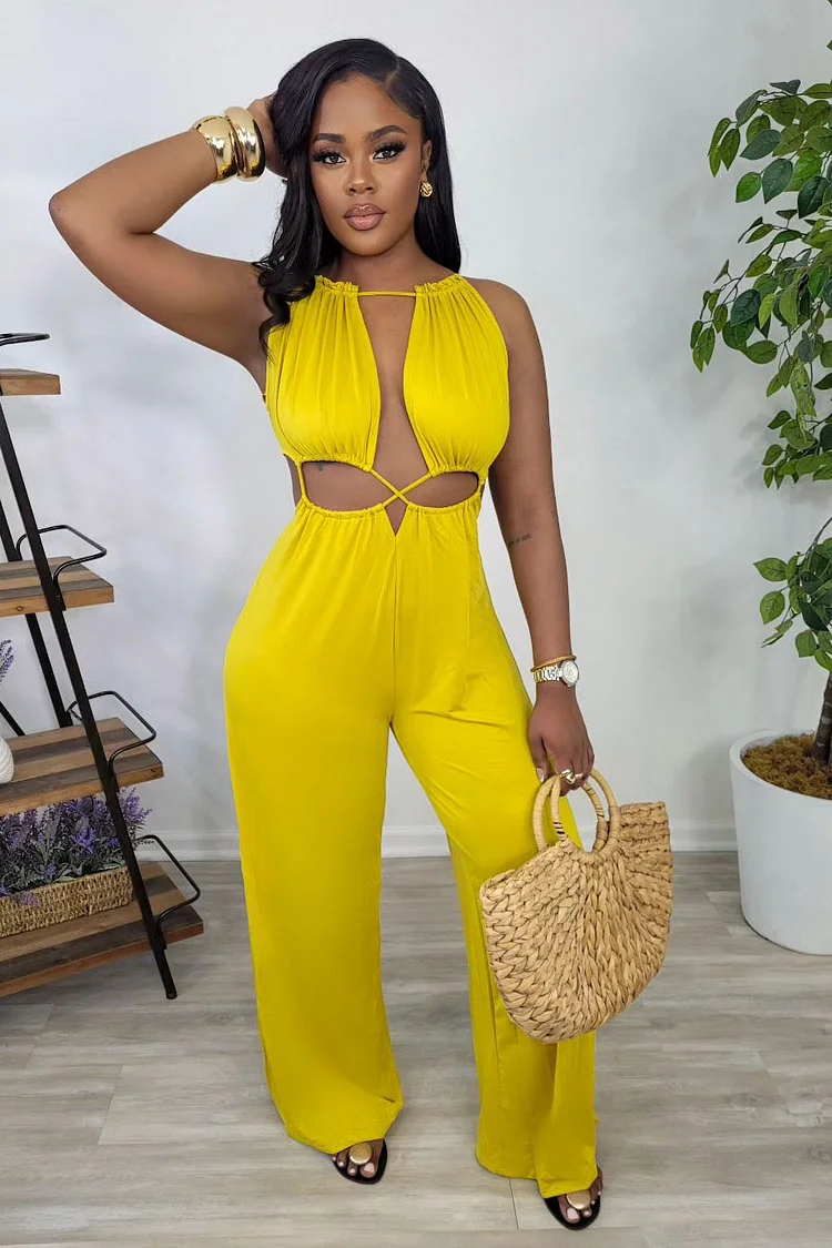 String Tied Up Cutout Sleeveless Vacation Wide Leg Jumpsuit-Green [Pre Order]