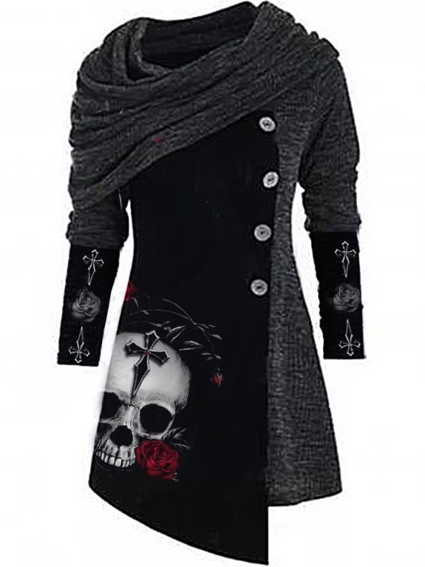 Punk Skull Print Warm Knit Irregular Top