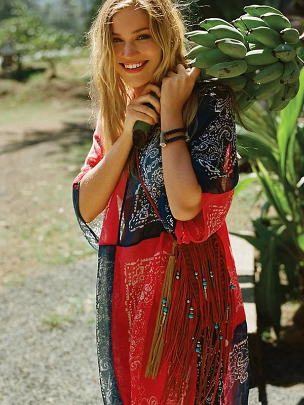 Chiffon Red And Blue Squares Print Loose Cover-Up Swimwear