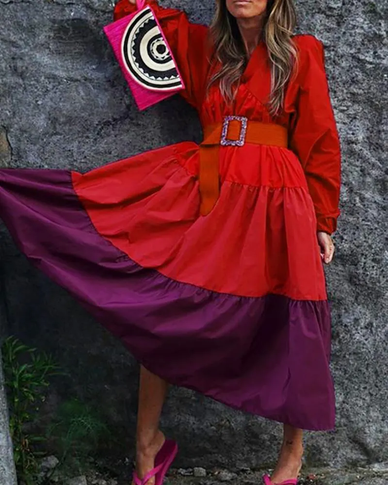 V-neck long-sleeve color-block dress