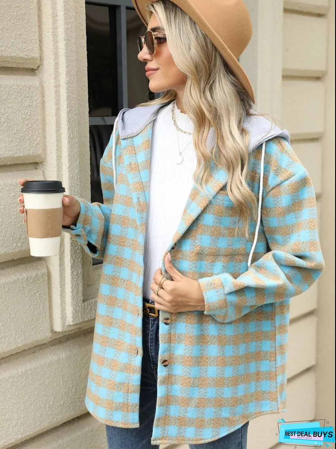 Drawstring Plaid Long Sleeve Hooded Jacket