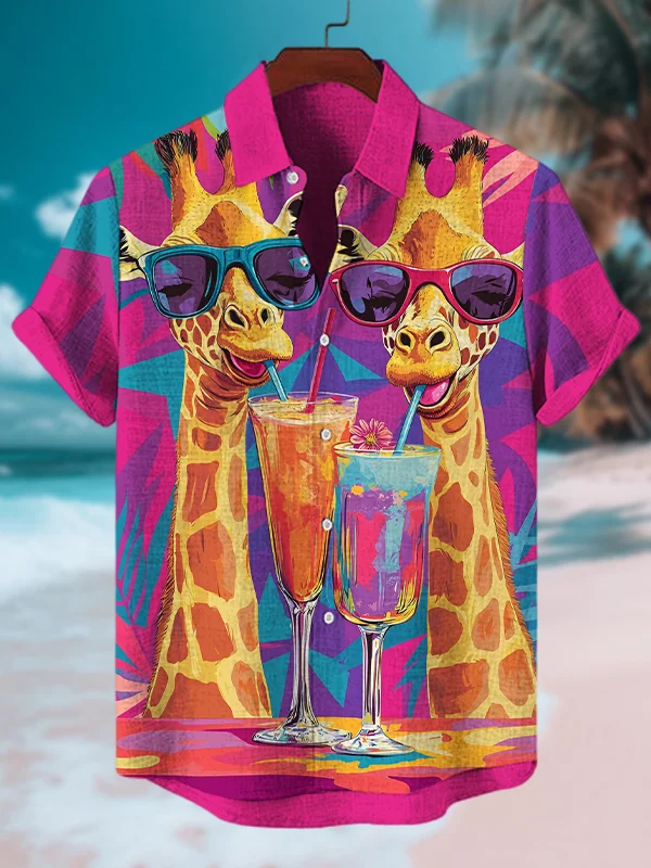 Men's Giraffe Drinking A Beverage On Vacation Art Print Short Sleeve Shirt