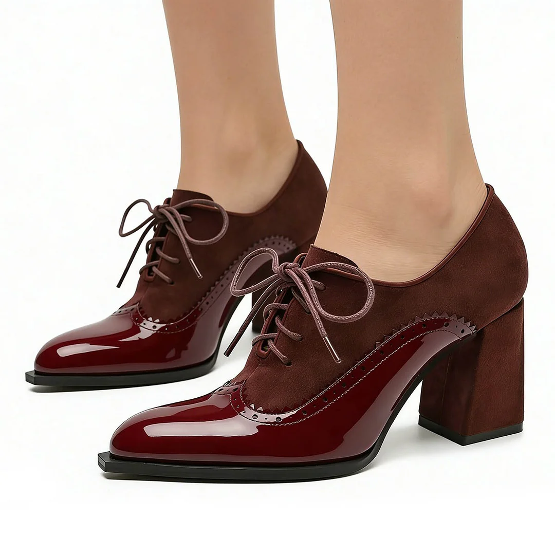 Fashion Maroon Pointed Toe Chunky Heel Lace Up Womens Oxfords