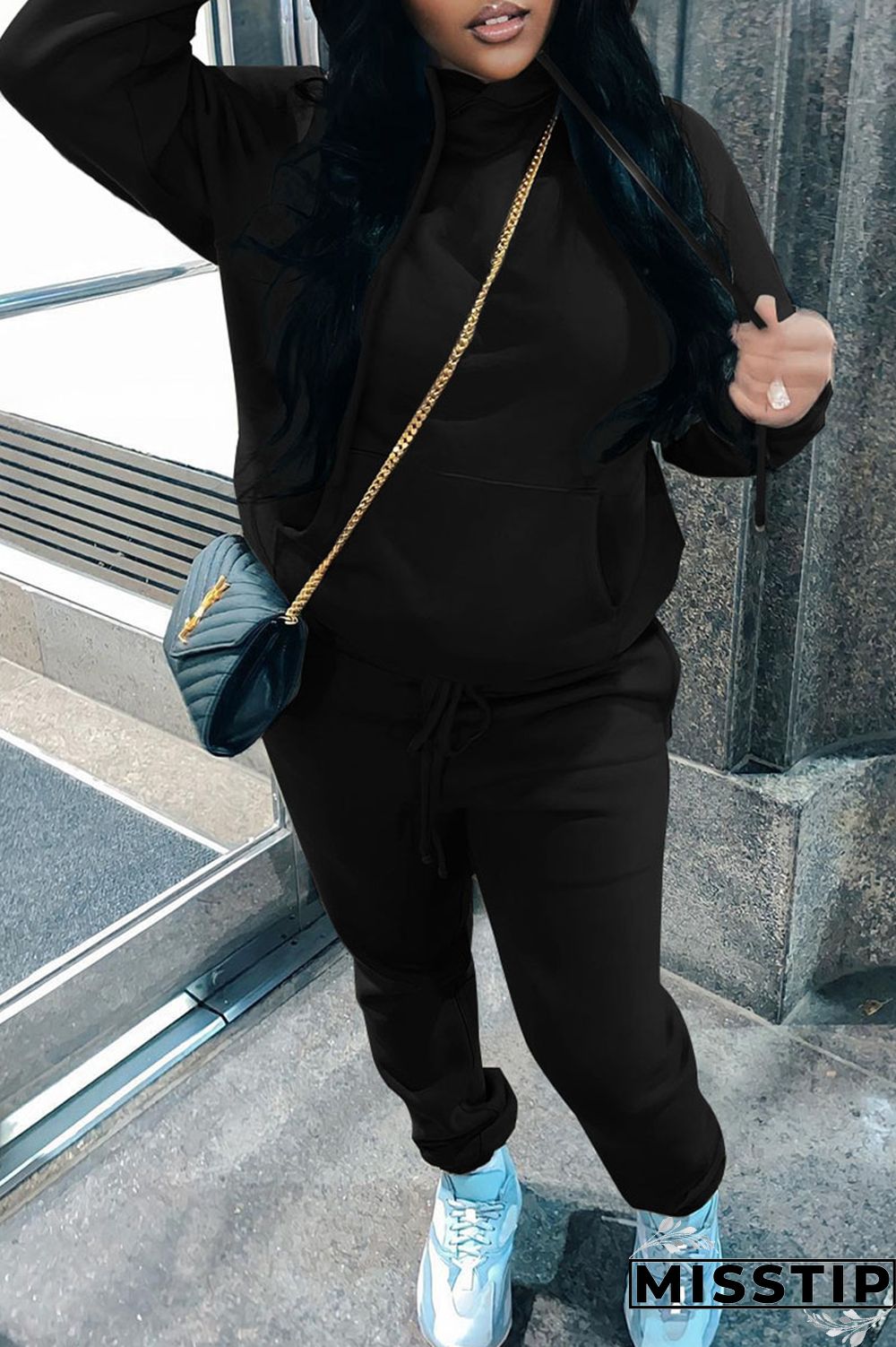 Blue Casual Solid Patchwork Hooded Collar Long Sleeve Two Pieces