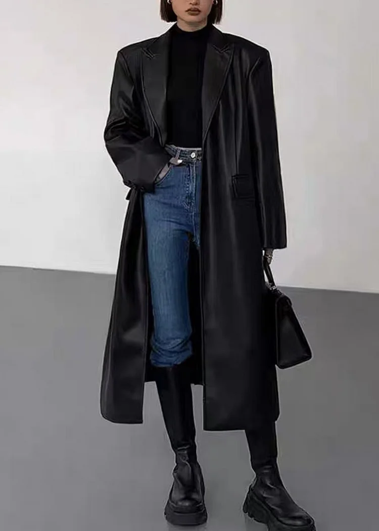 New Black Notched Button Faux Leather Long Coats Winter