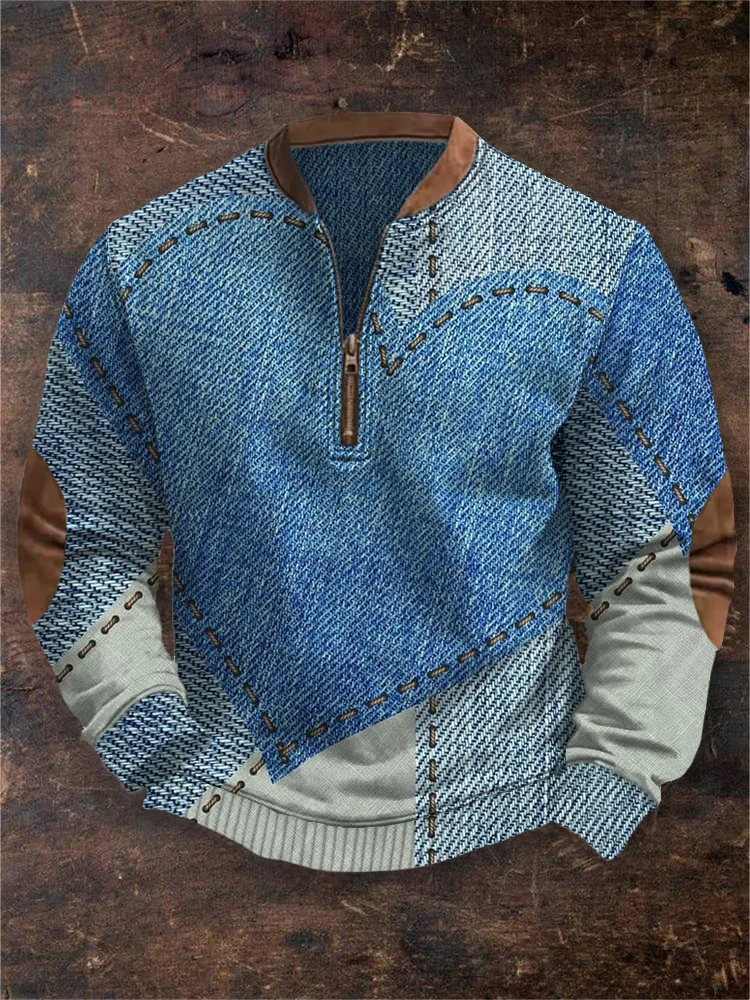 Utbros Men's Blue Faded Denim Stitched Heart Cozy Sweatshirt