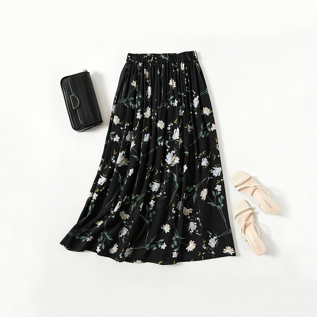 Fresh and Elegant Silk Skirt with Multicolored Floral Prints for Holiday REAL SILK LIFE