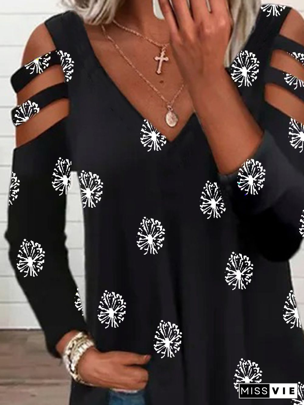 Casual Dandelion V neck Loose Long Sleeve T-Shirt